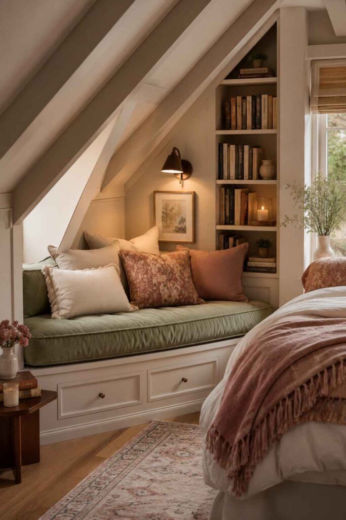 Built-in reading nook under attic eaves with sage cushion throw pillows and small reading light