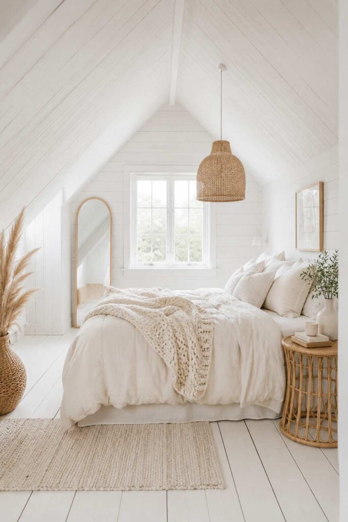 All white Scandinavian attic bedroom with cream linen bedding chunky knit throw and rattan accents