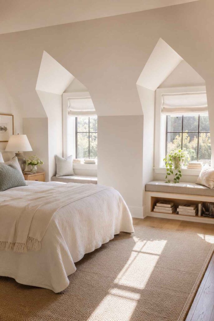 Attic bedroom with dormer windows creating cozy alcoves with window seat plants and Roman blinds