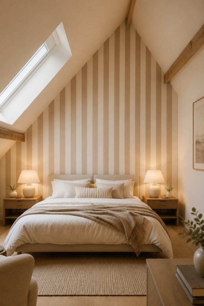 Attic bedroom with vertical cream and taupe stripe wallpaper creating illusion of taller ceiling height