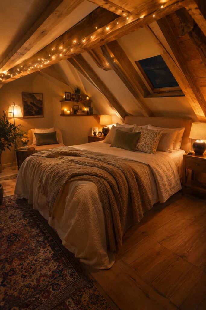 Cozy attic bedroom at night with layered warm lighting fairy lights bedside lamps and floor lamp