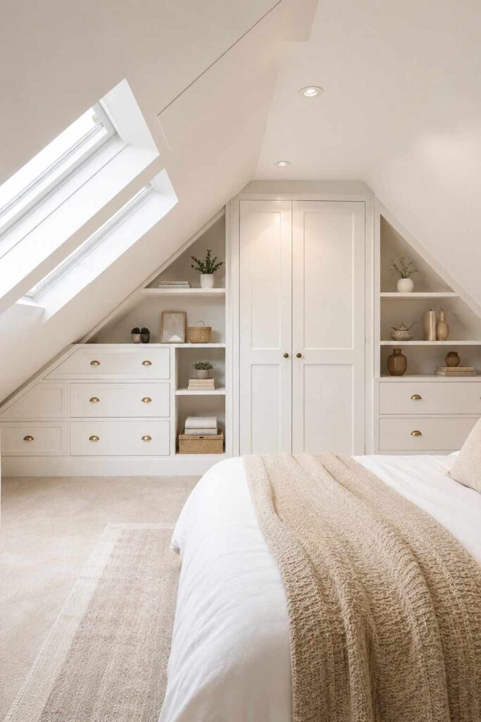 Attic bedroom with white built-in storage fitted into sloped corners eaves and awkward low ceiling spaces