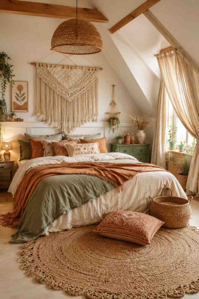 Boho attic bedroom with macrame wall hanging rattan pendant jute rug and terracotta embroidered cushions