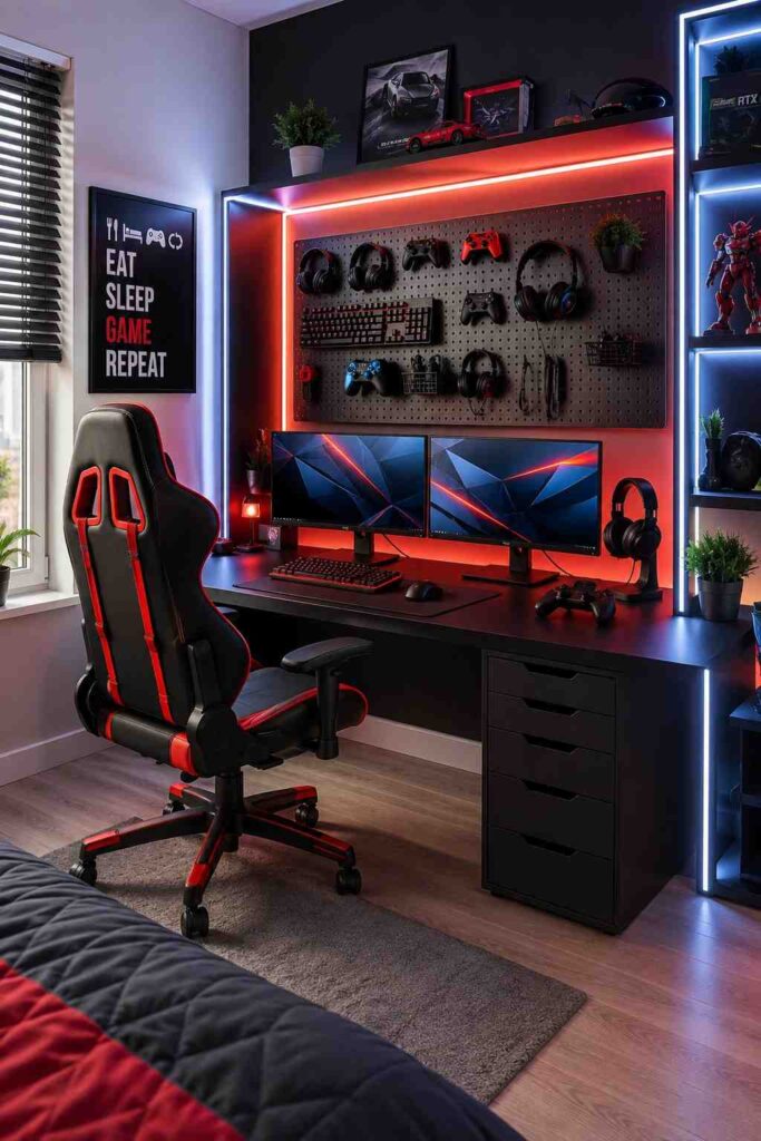 Ultimate gaming setup bedroom with dual monitors red gaming chair RGB LED lights and pegboard organizer