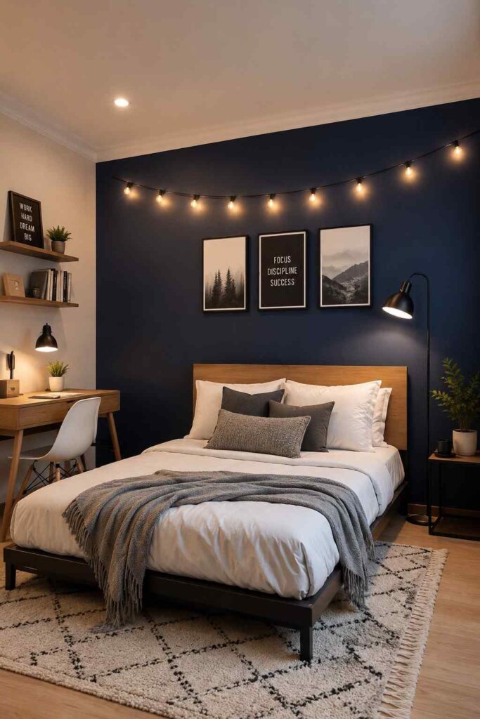 Dark navy blue accent wall teenage bedroom with white bedding light wood desk and warm string lights
