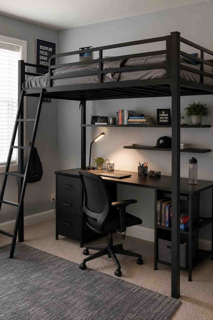 Dark metal loft bed with built-in study desk underneath in small teenage boys bedroom with floating shelves