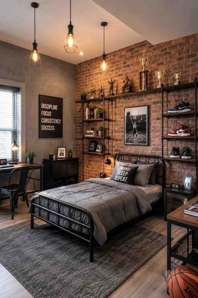 Industrial teenage bedroom with brick wallpaper metal pipe shelving Edison bulb lighting and concrete grey walls