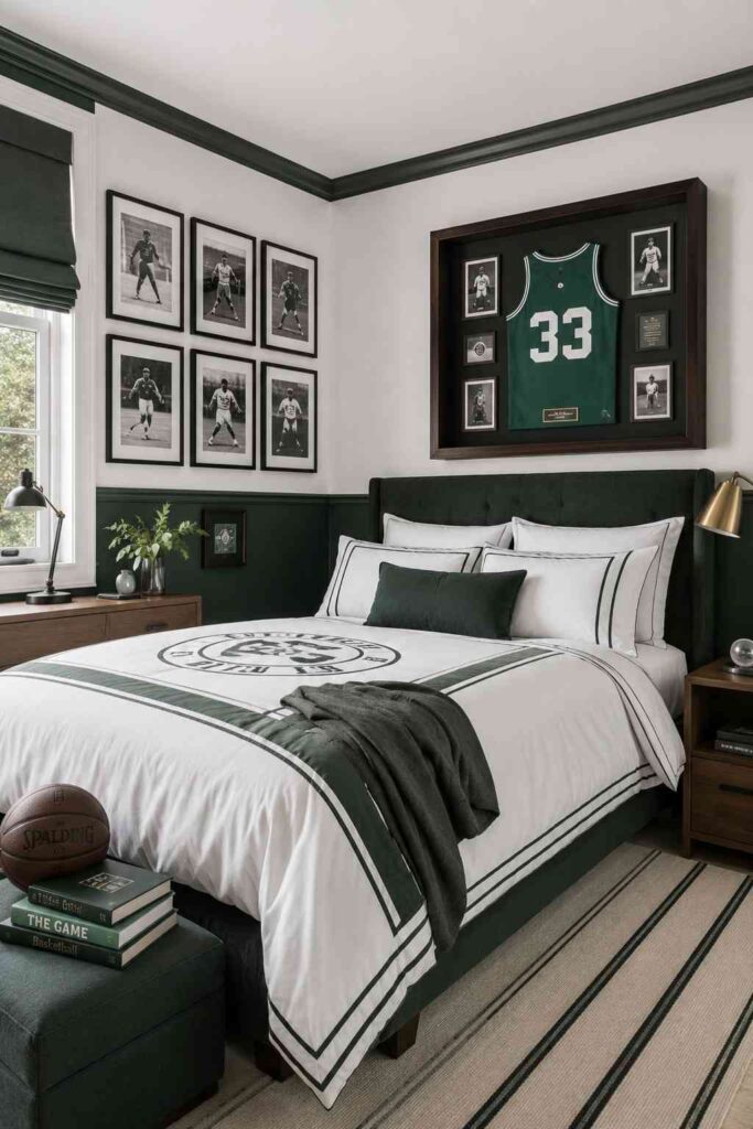 Grown up sports themed teenage bedroom with framed vintage photography green palette and shadow box jersey display