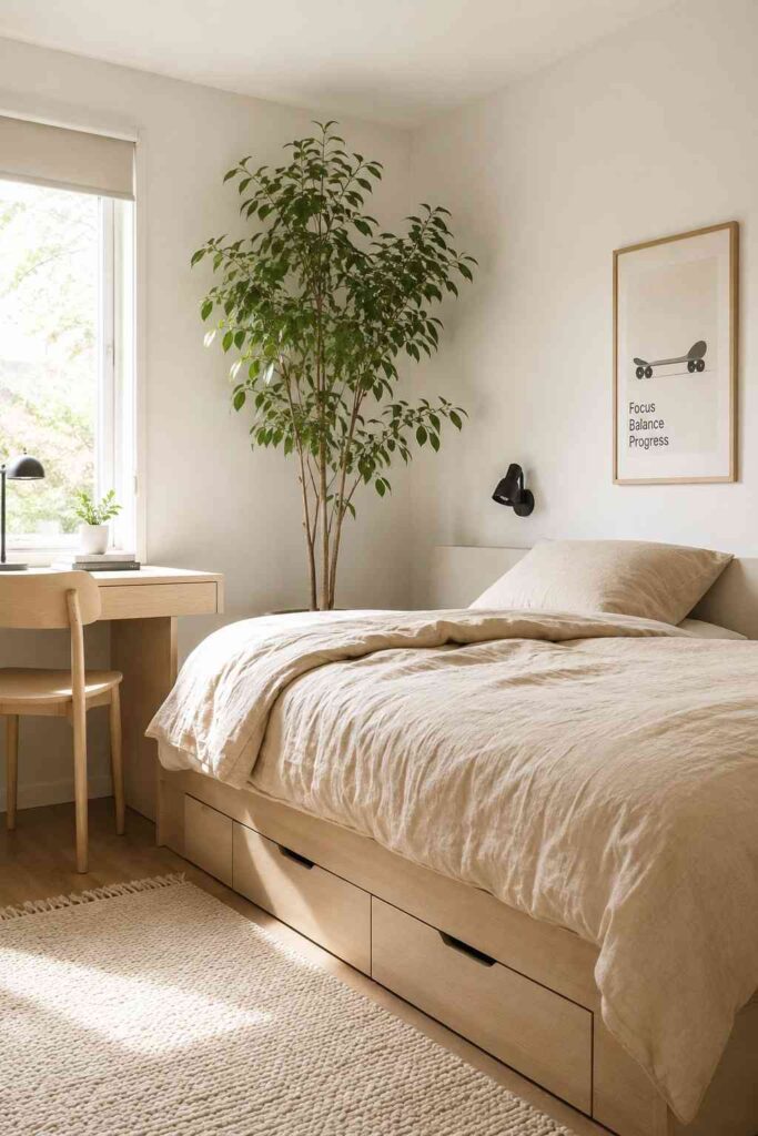 Minimalist teenage boys bedroom with white walls linen duvet indoor plant light wood desk and hidden storage