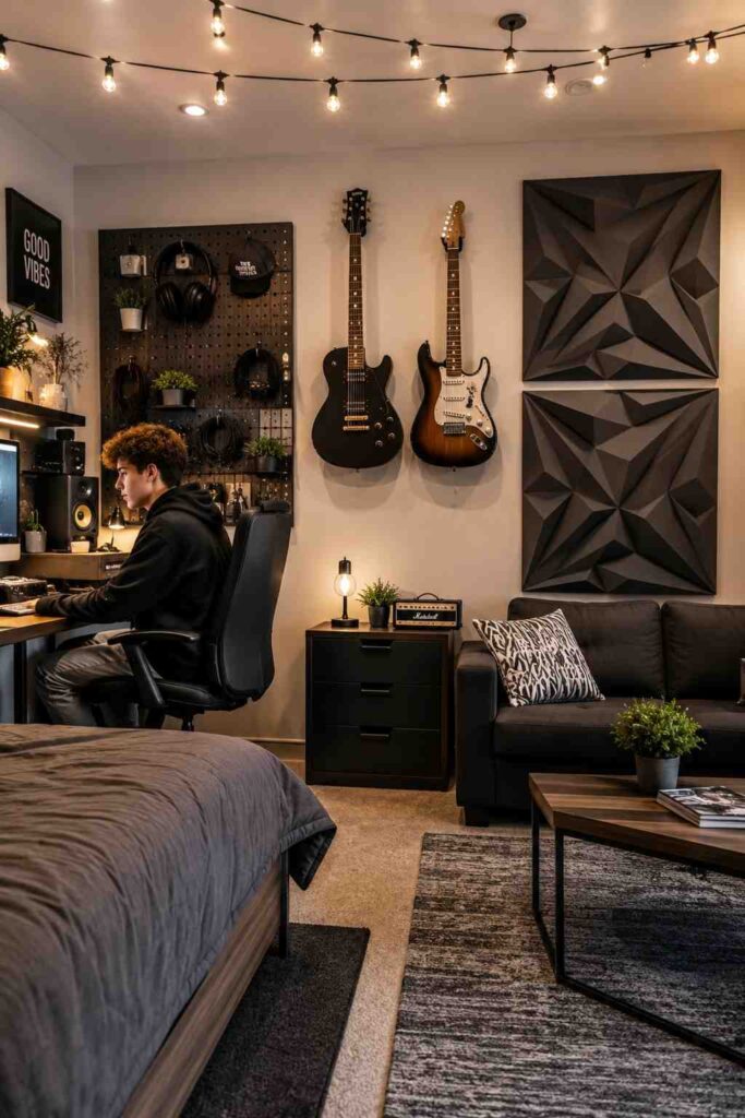 Music lover teenage bedroom with acoustic foam panels mounted guitars Edison lights and black pegboard accessories