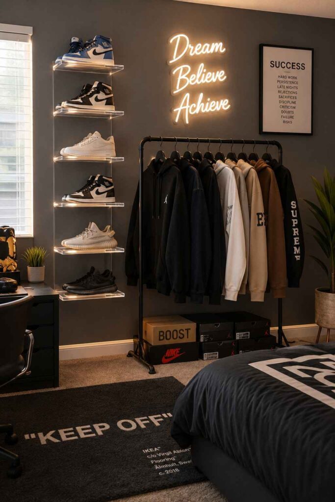 Streetwear teenage bedroom with acrylic sneaker display shelves clothing rack neon sign and charcoal walls