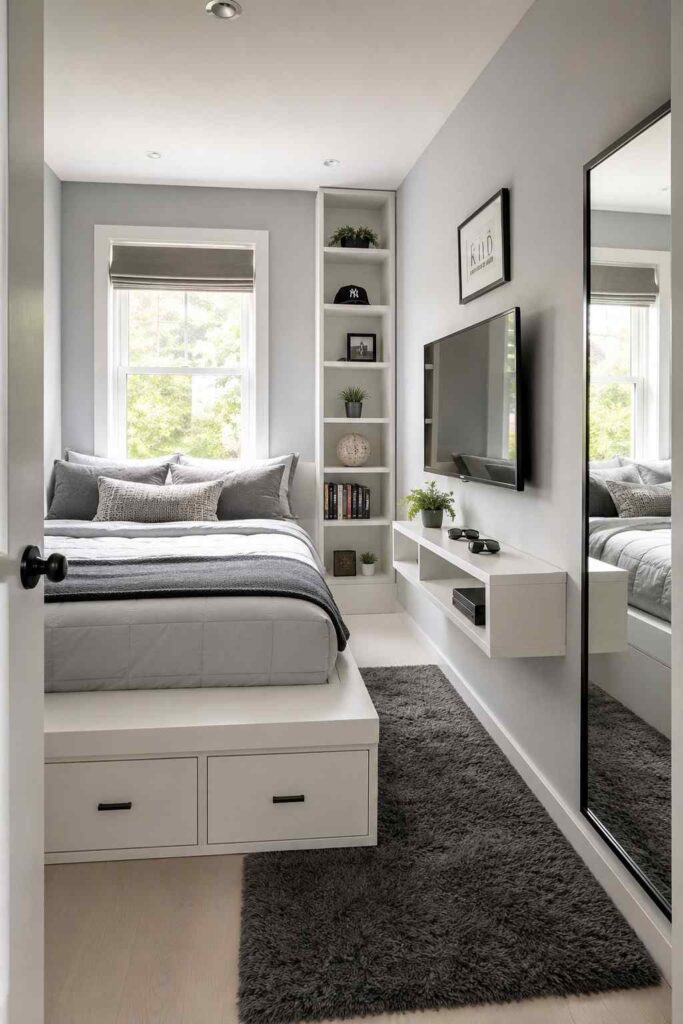 Small teenage boys bedroom with platform bed built-in drawers wall mounted TV tall shelving and large mirror
