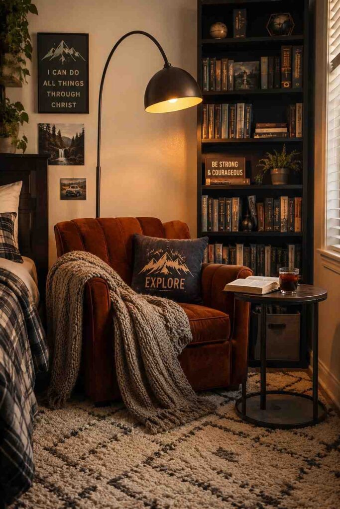 Cozy teenage boys reading corner with rust velvet armchair tall bookshelf arc floor lamp and chunky knit throw