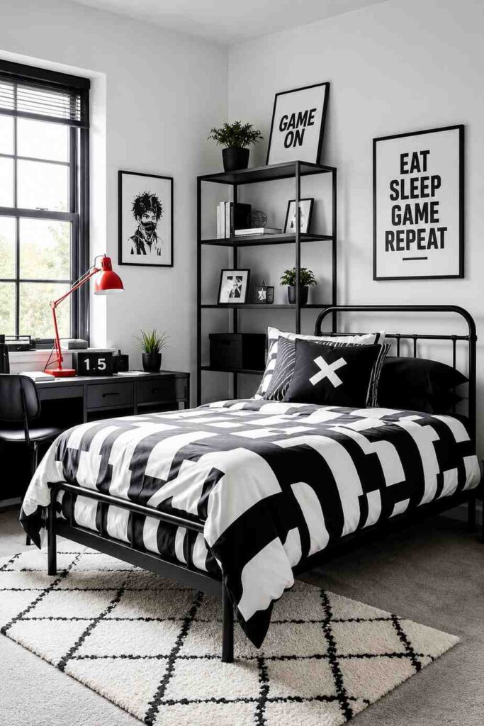 Bold black and white teenage boys bedroom with graphic duvet black metal shelving monochrome prints and red lamp accent