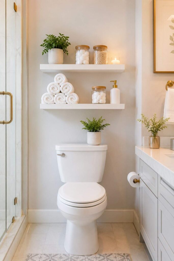White floating shelves above toilet with rolled towels glass jars and green plant in small bathroom
