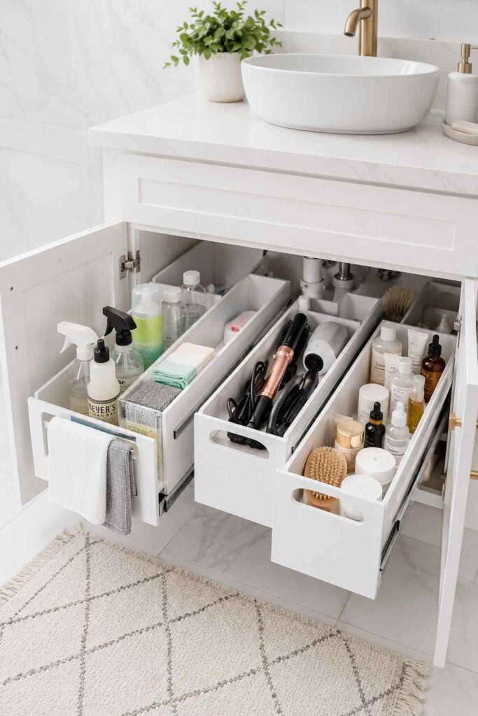 Under sink pull out drawer organizers with grouped cleaning supplies and skincare in white bathroom cabinet