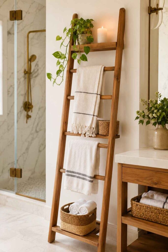 Natural teak ladder shelf with draped towels woven baskets and trailing plant in boutique style bathroom
