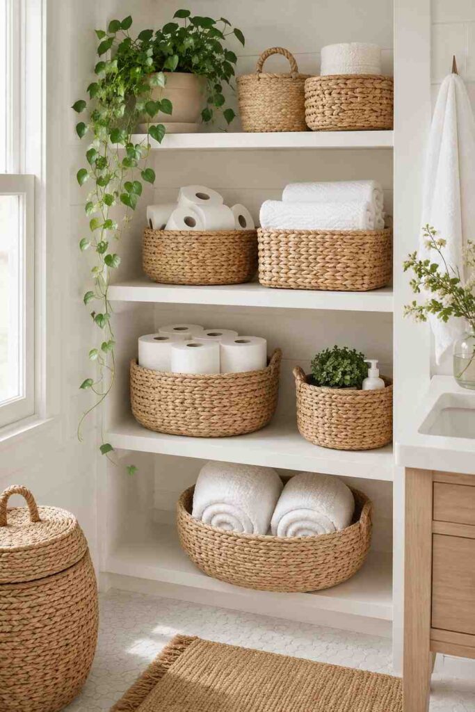 Rattan woven baskets on open white bathroom shelves with towels and green plant in natural organic style