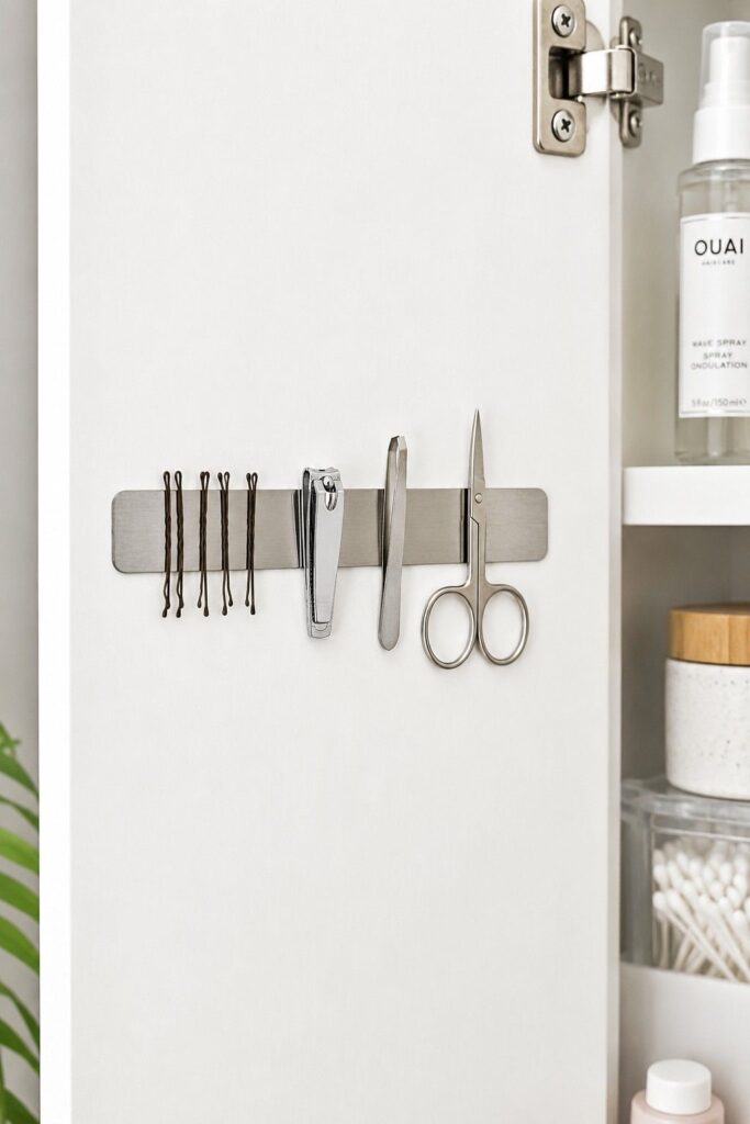 Stainless steel magnetic strip inside cabinet door holding bobby pins tweezers and nail clippers in bathroom