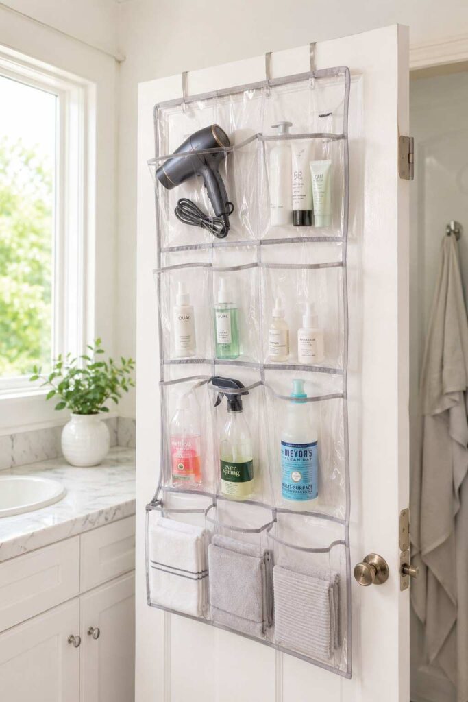 Clear pocket over the door organizer on white bathroom door with hair tools skincare and folded towels