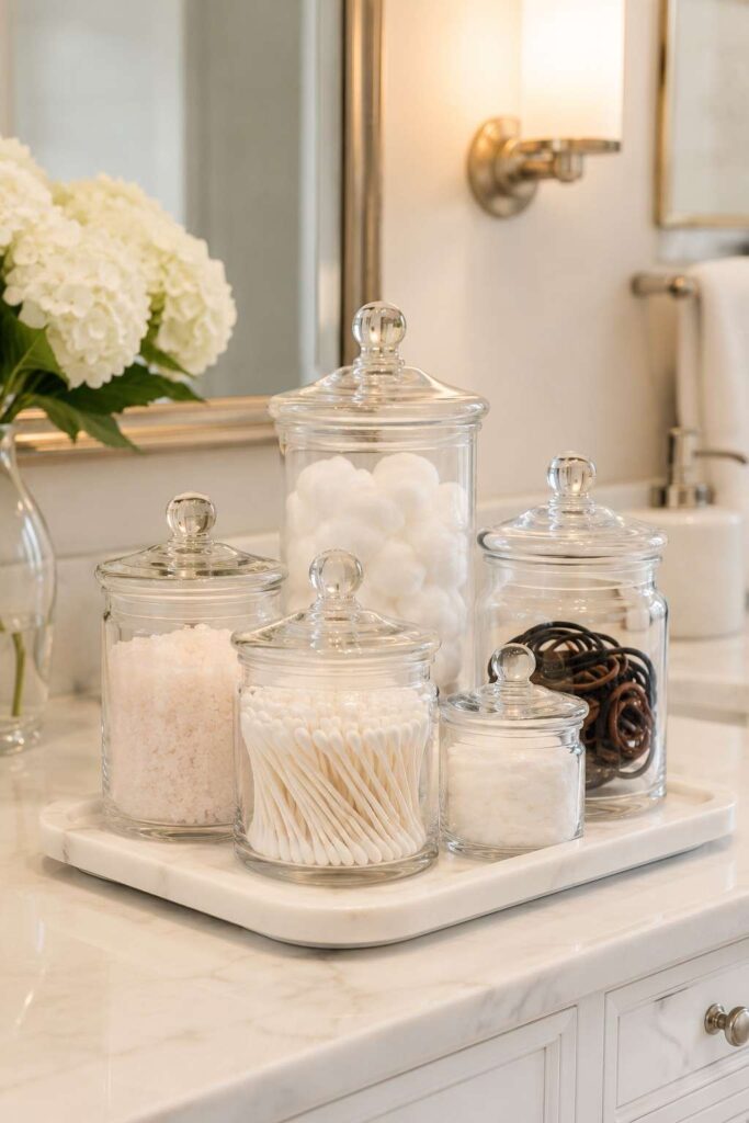 Clear glass apothecary jars with cotton balls bath salts and hair ties grouped on marble tray on bathroom counter