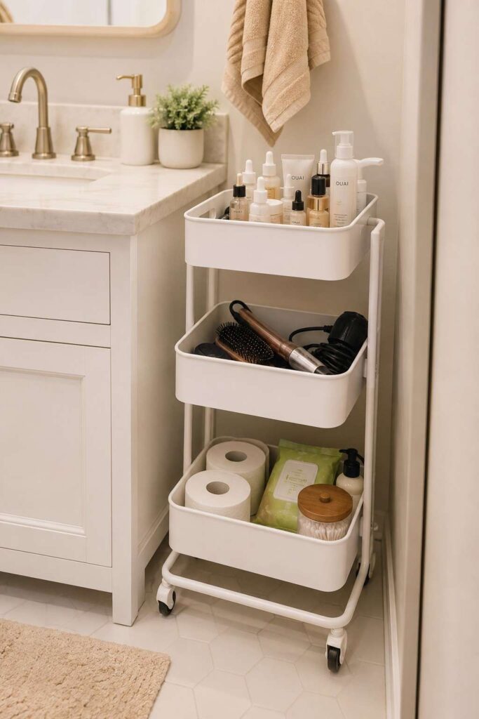 Slim white rolling cart with skincare and hair products tucked between vanity and wall in small bathroom