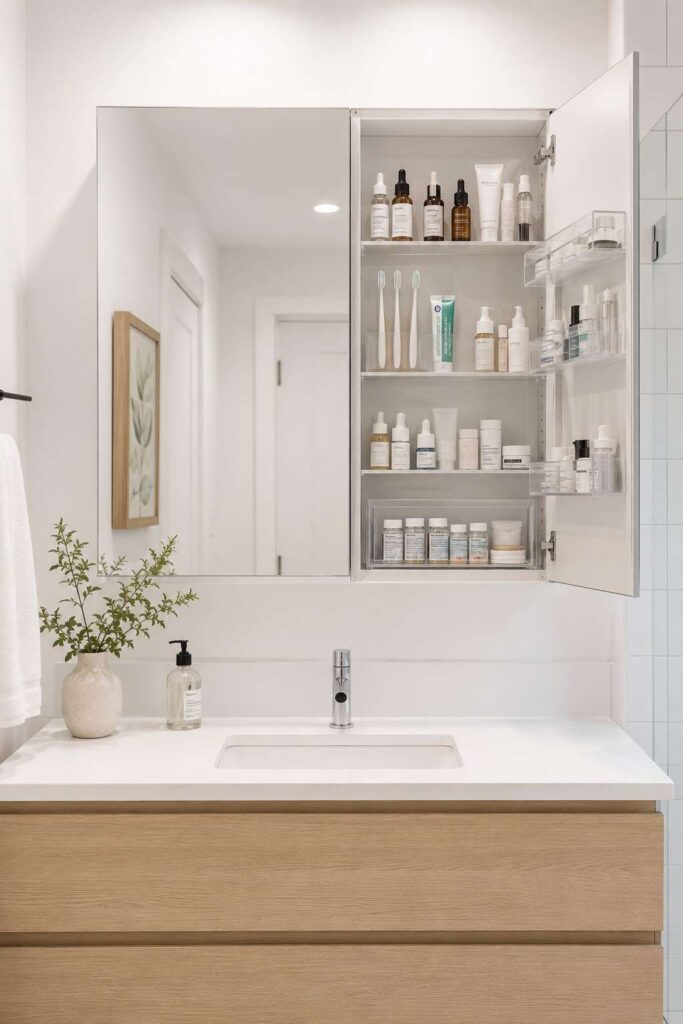 White mirror cabinet open above sink revealing organized shelves with skincare and essentials in modern bathroom