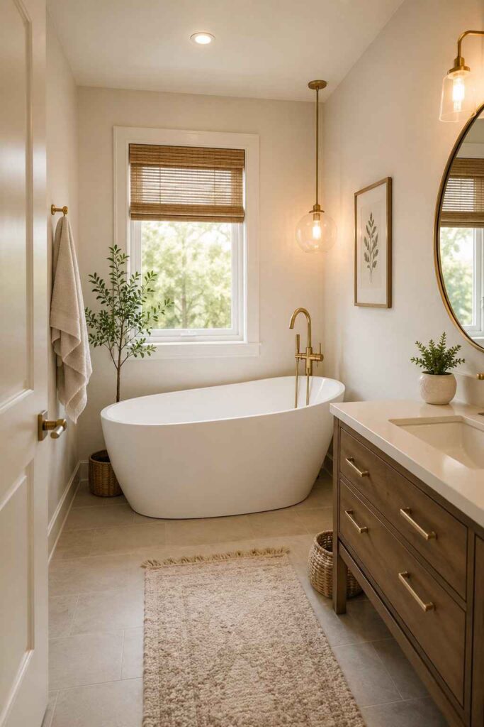 Compact oval white freestanding tub tucked into bathroom corner with gold faucet and open floor space