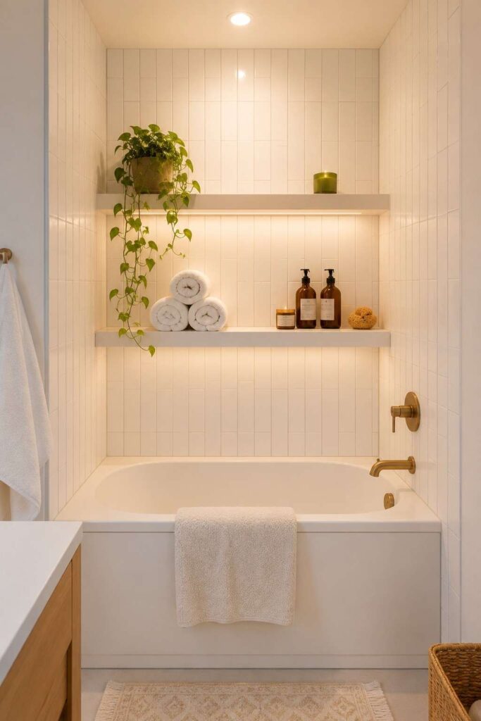 Alcove bathtub with built in shelves above holding towels candles and plants in white tiled small bathroom