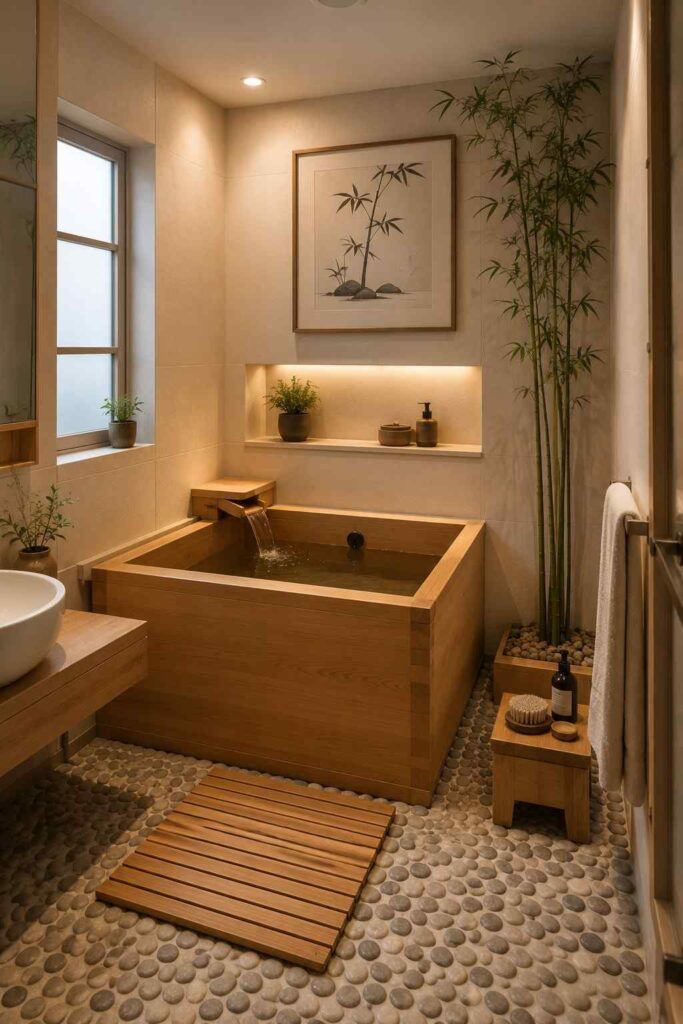 Deep square natural wood Japanese soaking tub with pebble floor tiles and bamboo plant in zen spa bathroom
