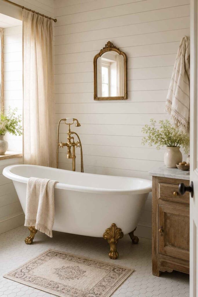 White clawfoot tub with gold feet against white shiplap wall with handheld shower in farmhouse small bathroom