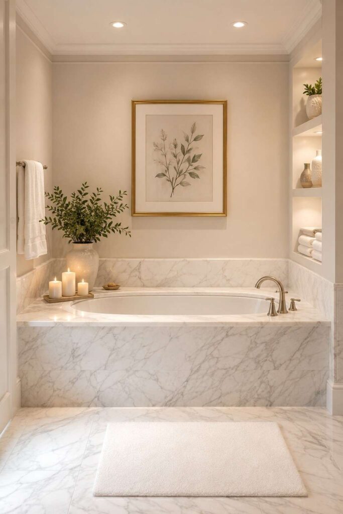 White drop in tub set into Carrara marble surround with candles and plant in luxurious small bathroom