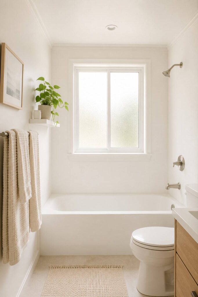 Small bathroom with tub in all white walls ceiling and trim creating airy spacious seamless atmosphere