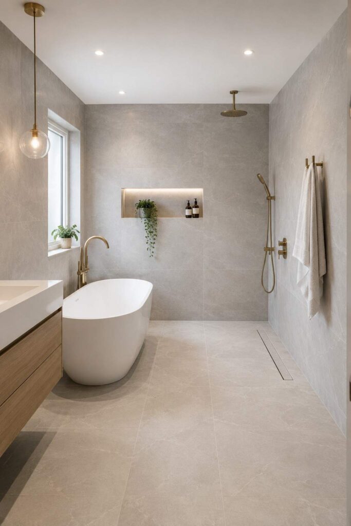 Modern wet room with freestanding white tub and open walk in shower area in continuous large format grey tiles