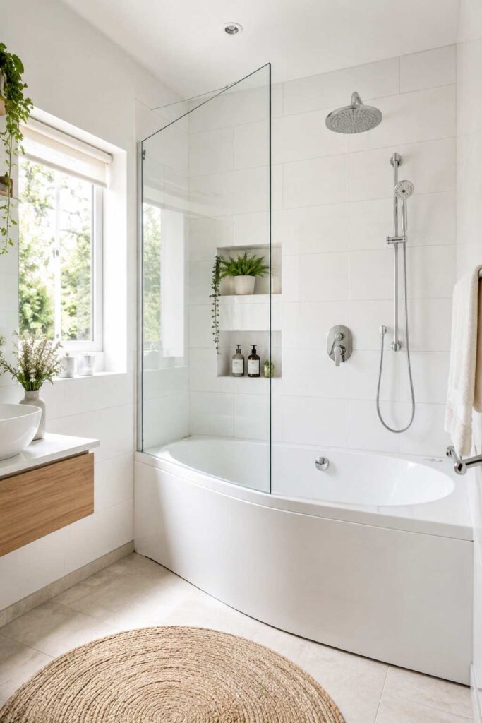 White corner tub with frameless glass screen divider and open shower area in bright airy small bathroom