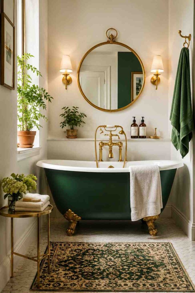 Freestanding clawfoot tub painted deep forest green with brass gold faucet and feet in bold small bathroom