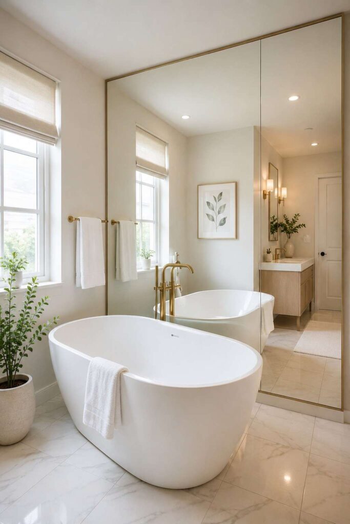 Full floor to ceiling mirror wall beside white freestanding tub doubling visual space in small bright bathroom