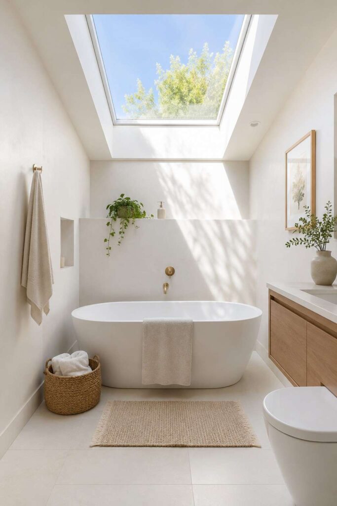 Natural daylight skylight above white freestanding soaking tub with minimal white tiles in dreamy small bathroom
