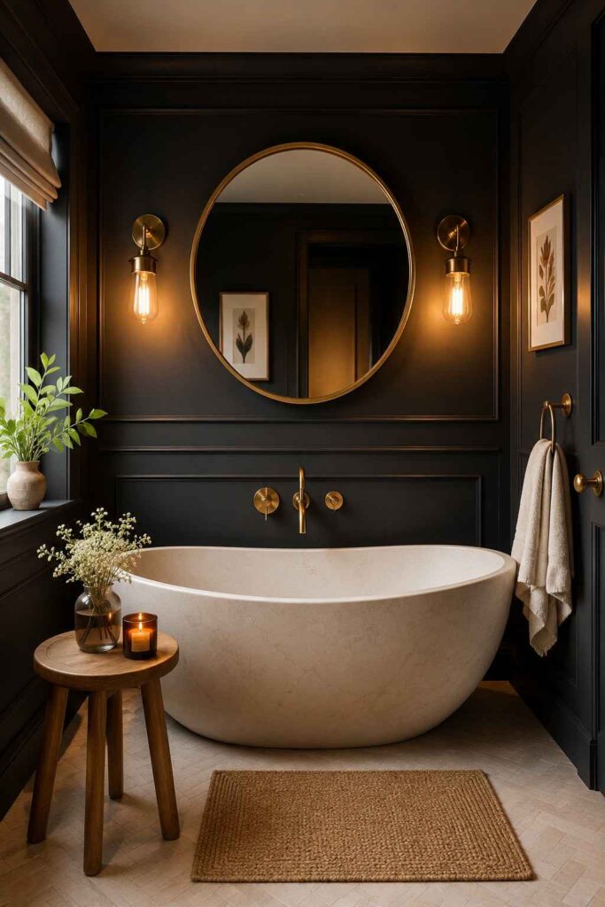 Deep charcoal black walls with white freestanding tub gold sconces and round mirror in moody luxury small bathroom