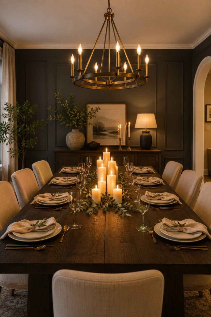 Deep charcoal grey dining room walls with pillar candles brass chandelier and cream linen in intimate evening setting