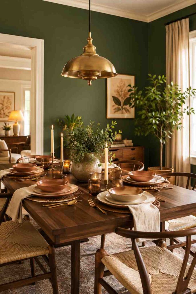 Deep forest green dining room walls with walnut table brass pendant light and terracotta tableware in organic atmosphere