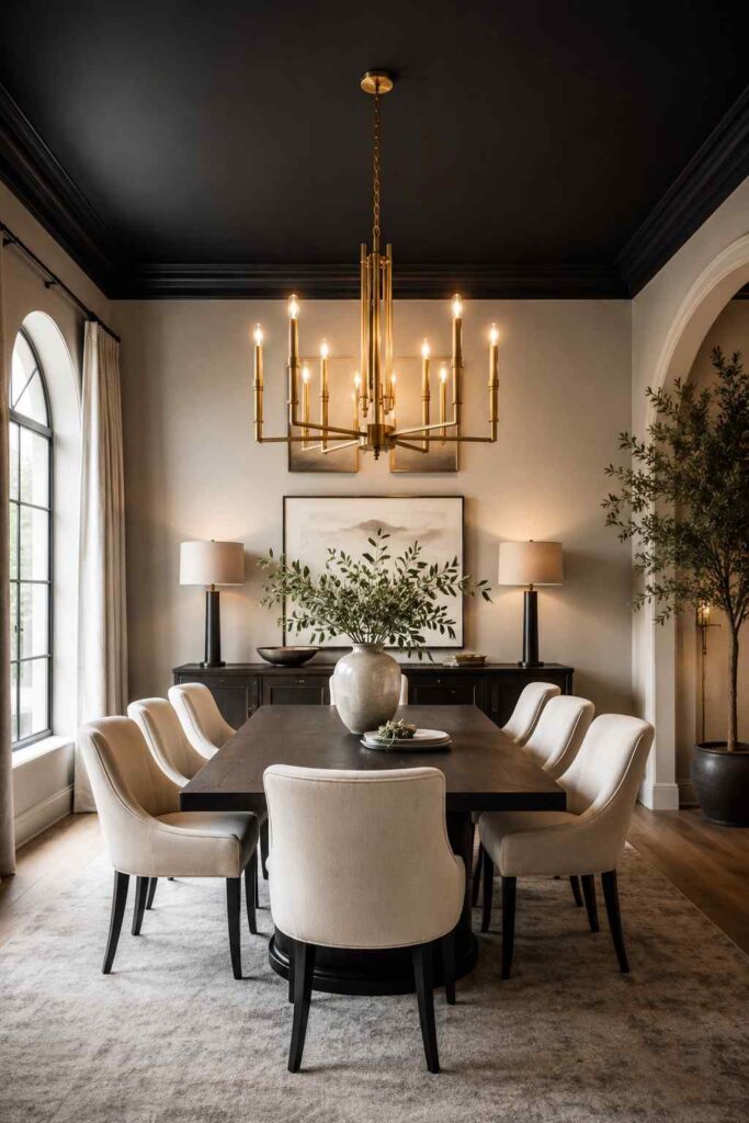 Dramatic black ceiling with oversized brass chandelier dropping over dark wood table and cream chairs in dining room
