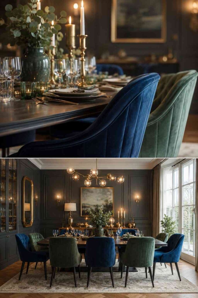 Velvet dining chairs in sapphire blue and emerald green jewel tones around dark table in moody candlelit dining room