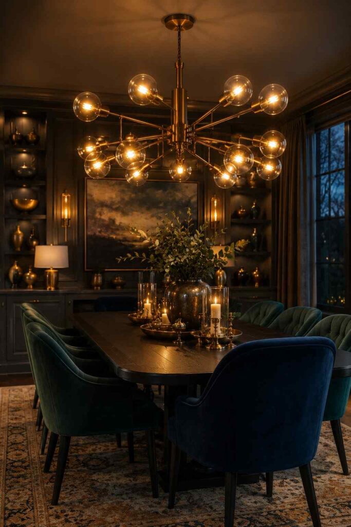 Large aged brass sculptural chandelier with Edison bulbs hanging low over dark dining table in dramatic moody dining room