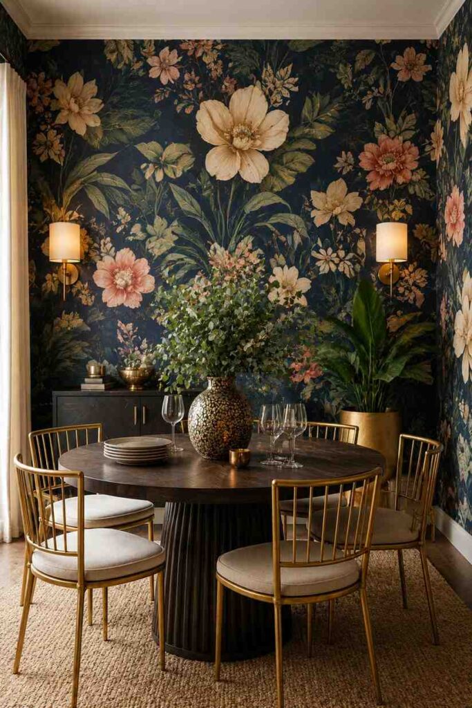 Dark midnight blue botanical wallpaper with cream blush blooms and gold chairs in dramatic moody dining room