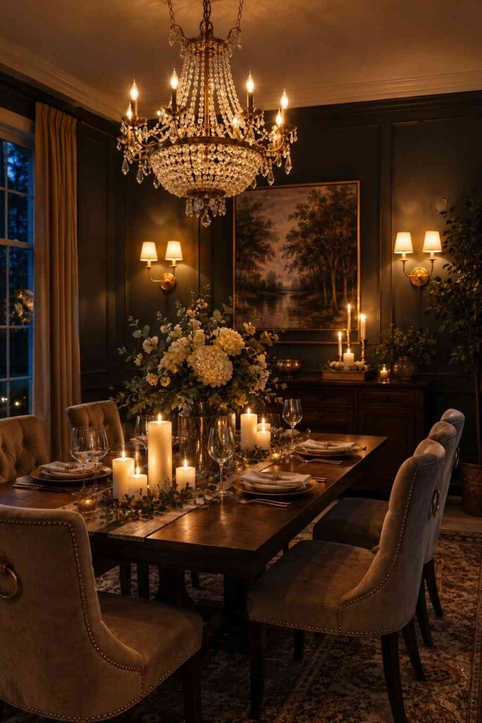 Moody dining room with layered lighting showing chandelier wall sconces and pillar candles creating warm golden atmosphere