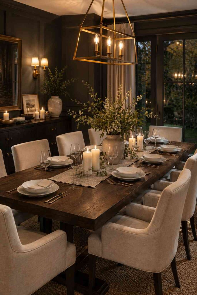 Large dark walnut dining table with matte finish surrounded by cream linen chairs in moody charcoal dining room
