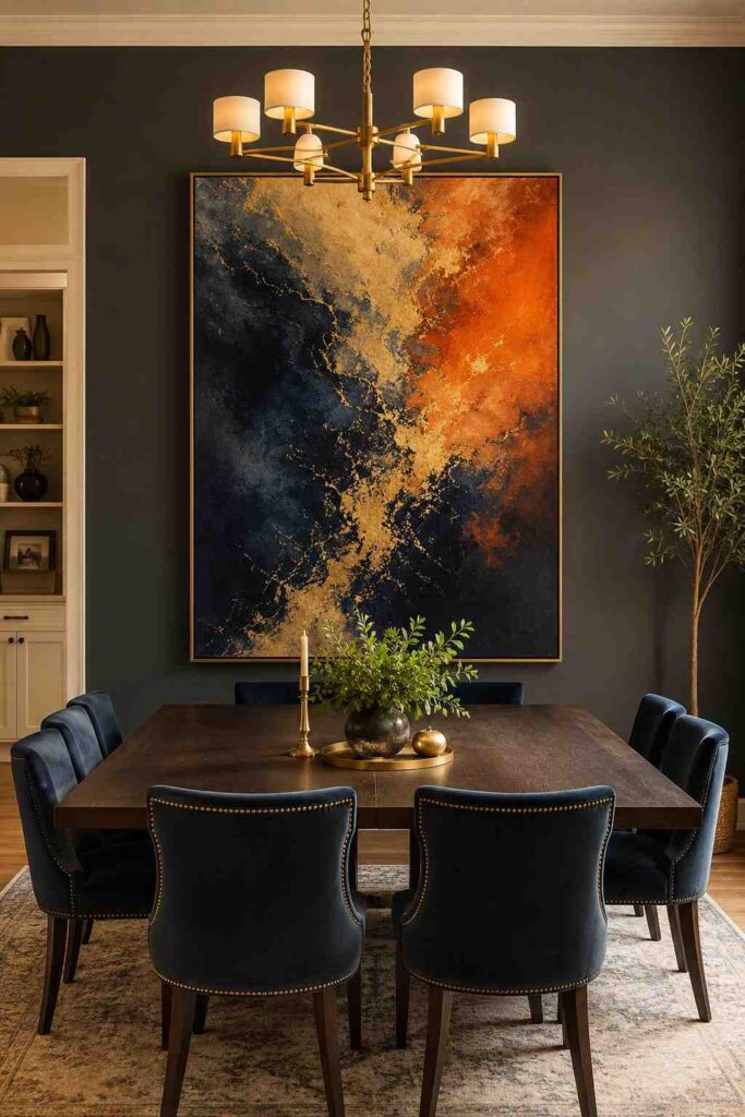 Oversized abstract oil painting in deep navy and gold on charcoal wall above dark dining table in gallery style dining room