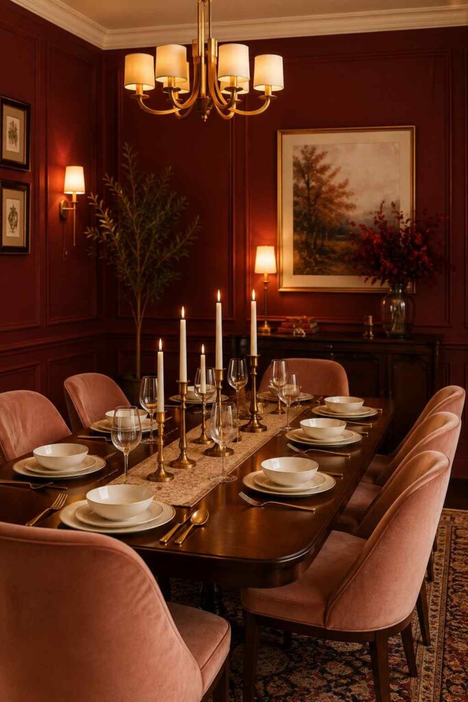 Deep burgundy red dining room walls with mahogany table cream tableware blush velvet chairs and gold candlesticks in warm intimate setting