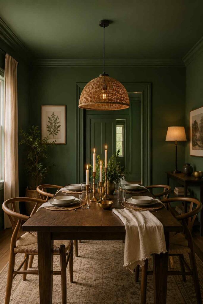Deep forest green color drenched dining room with brass candlesticks rattan pendant light and dark wood table